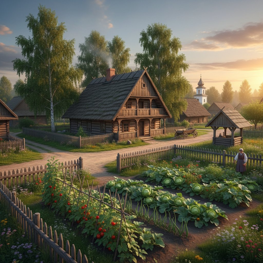 Stara polska wieś z tradycyjnym warzywnikiem przy drewnianym domu