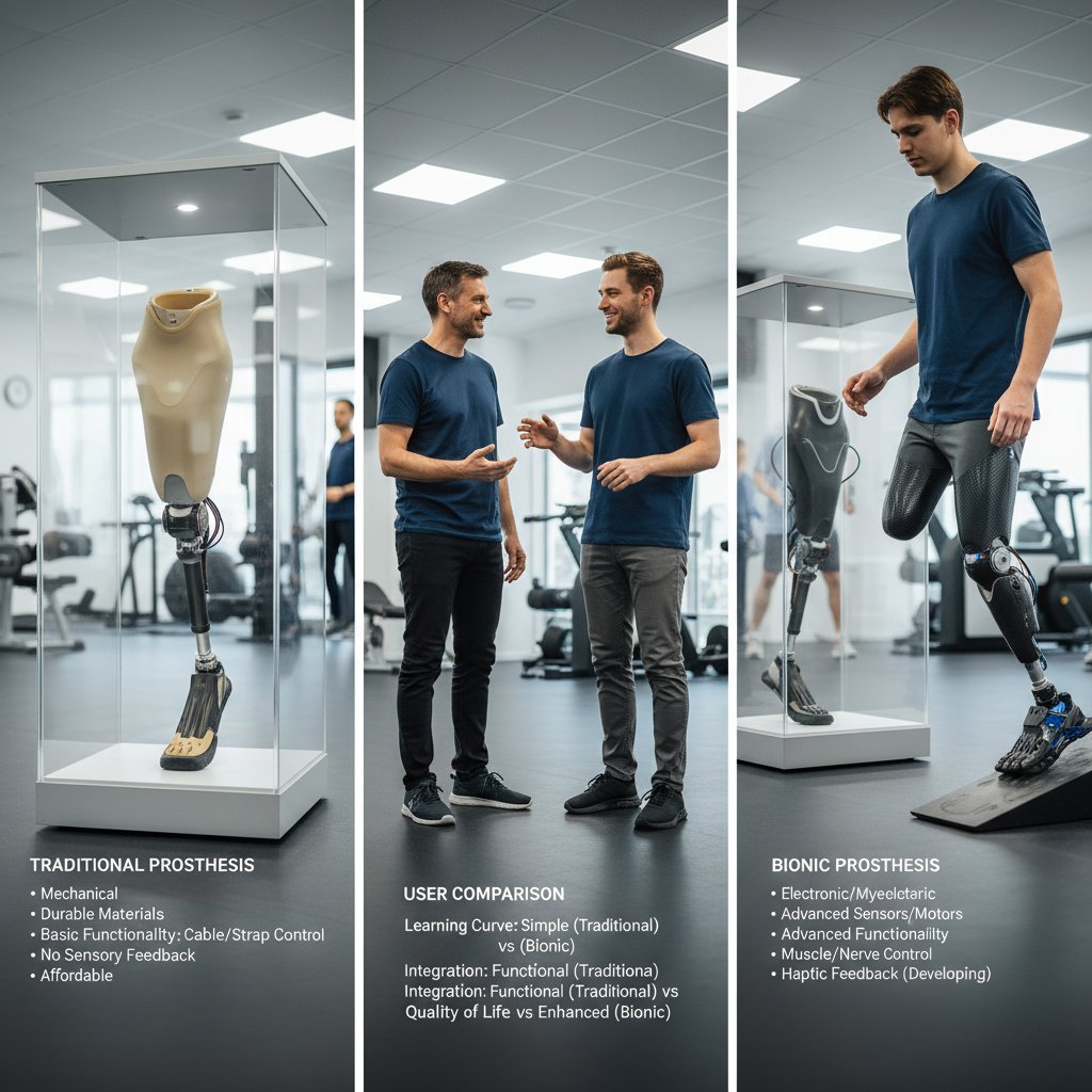 Porównanie użytkownika: proteza tradycyjna i bioniczna na jednym zdjęciu, widoczna różnica w funkcjonalności