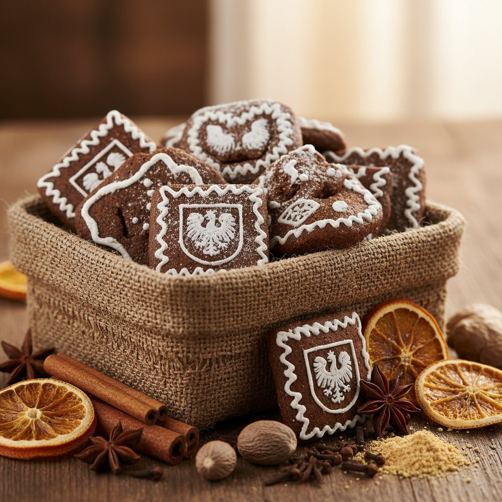 Zbliżenie na tradycyjne pierniki toruńskie w wiklinowym koszyku, otoczone przyprawami