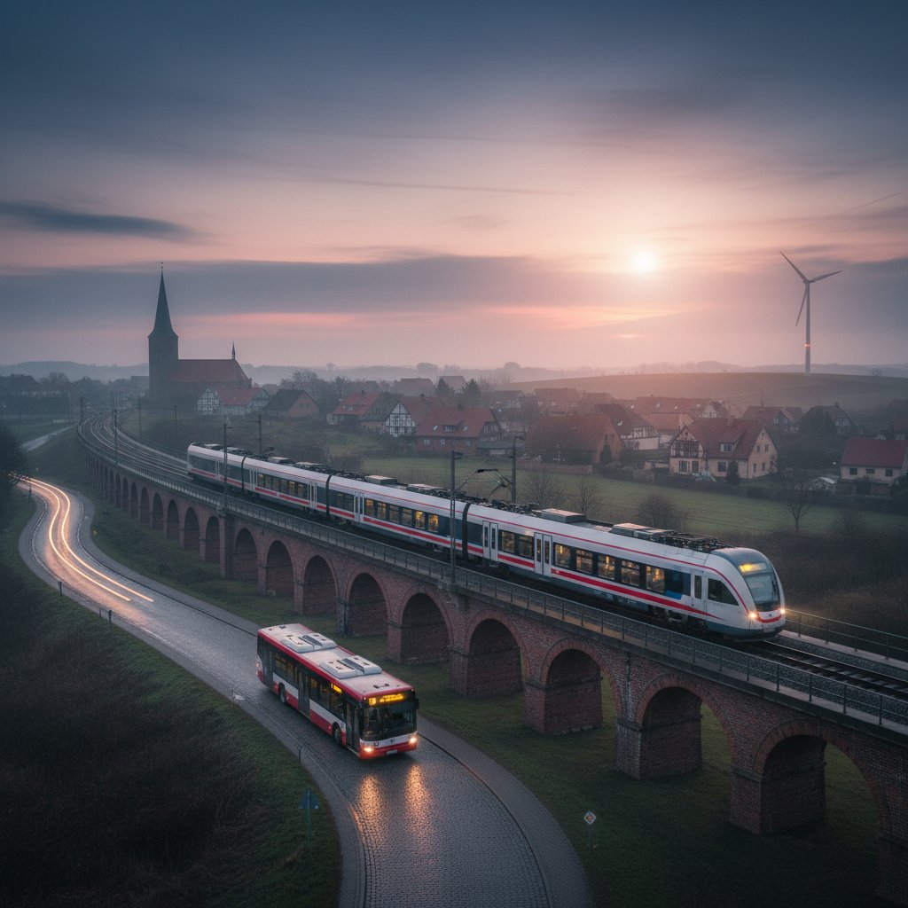 Pociąg i autokar w świcie na tle europejskiego pejzażu z polskimi i duńskimi akcentami