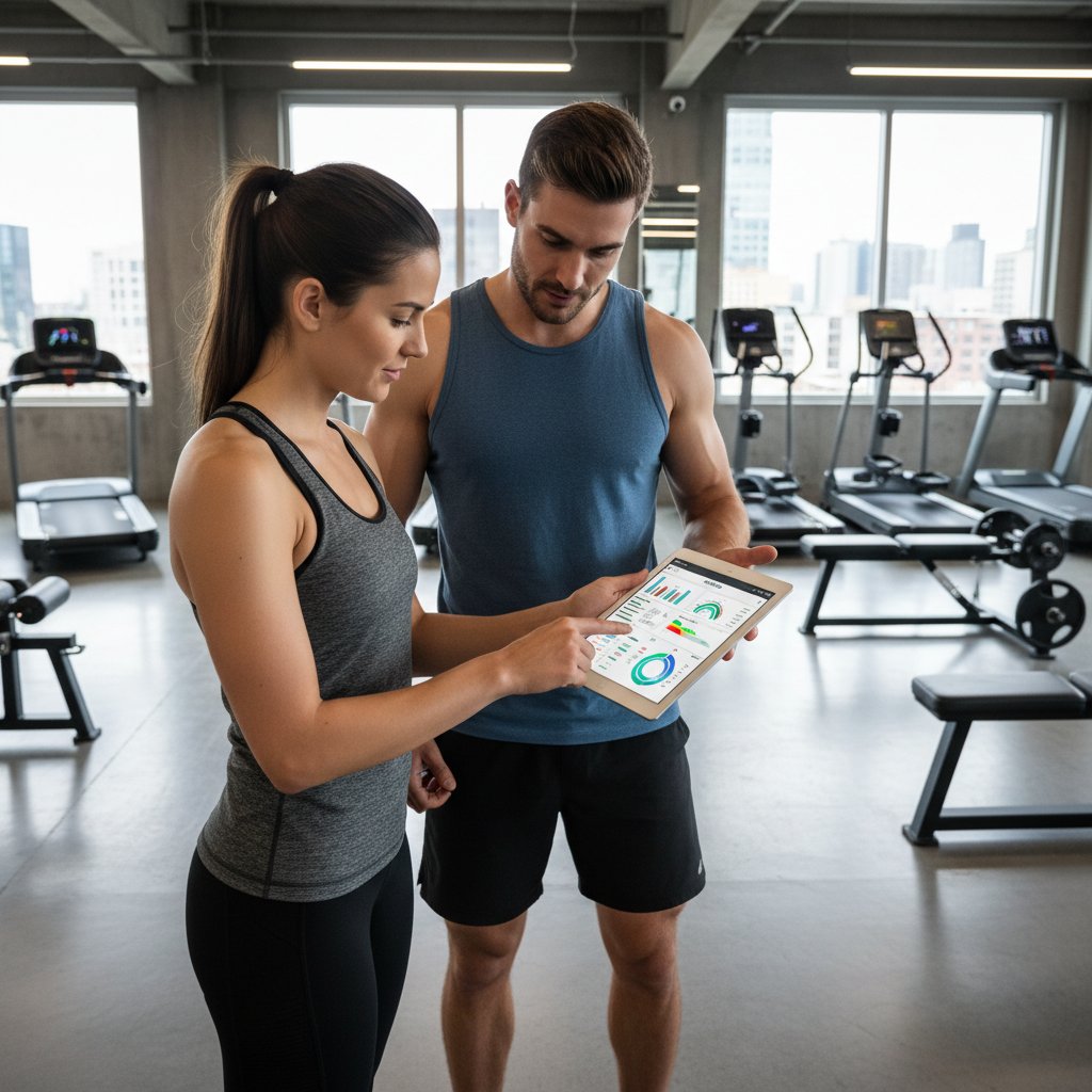 Trener i podopieczny analizują dane treningowe na tablecie w nowoczesnej siłowni, symbolizując proces personalizacji