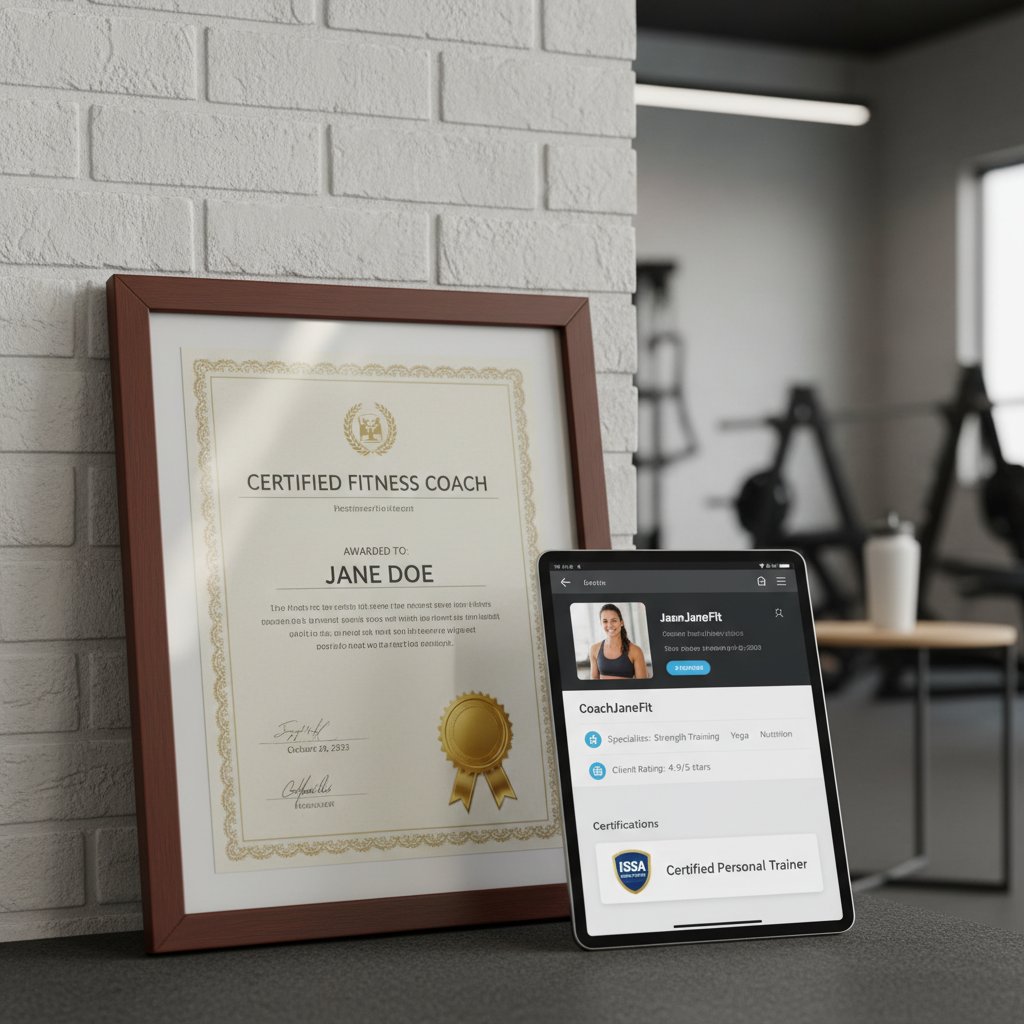 Trener prezentujący certyfikat i profil w aplikacji fitness, ilustrujący hybrydowe podejście do kariery
