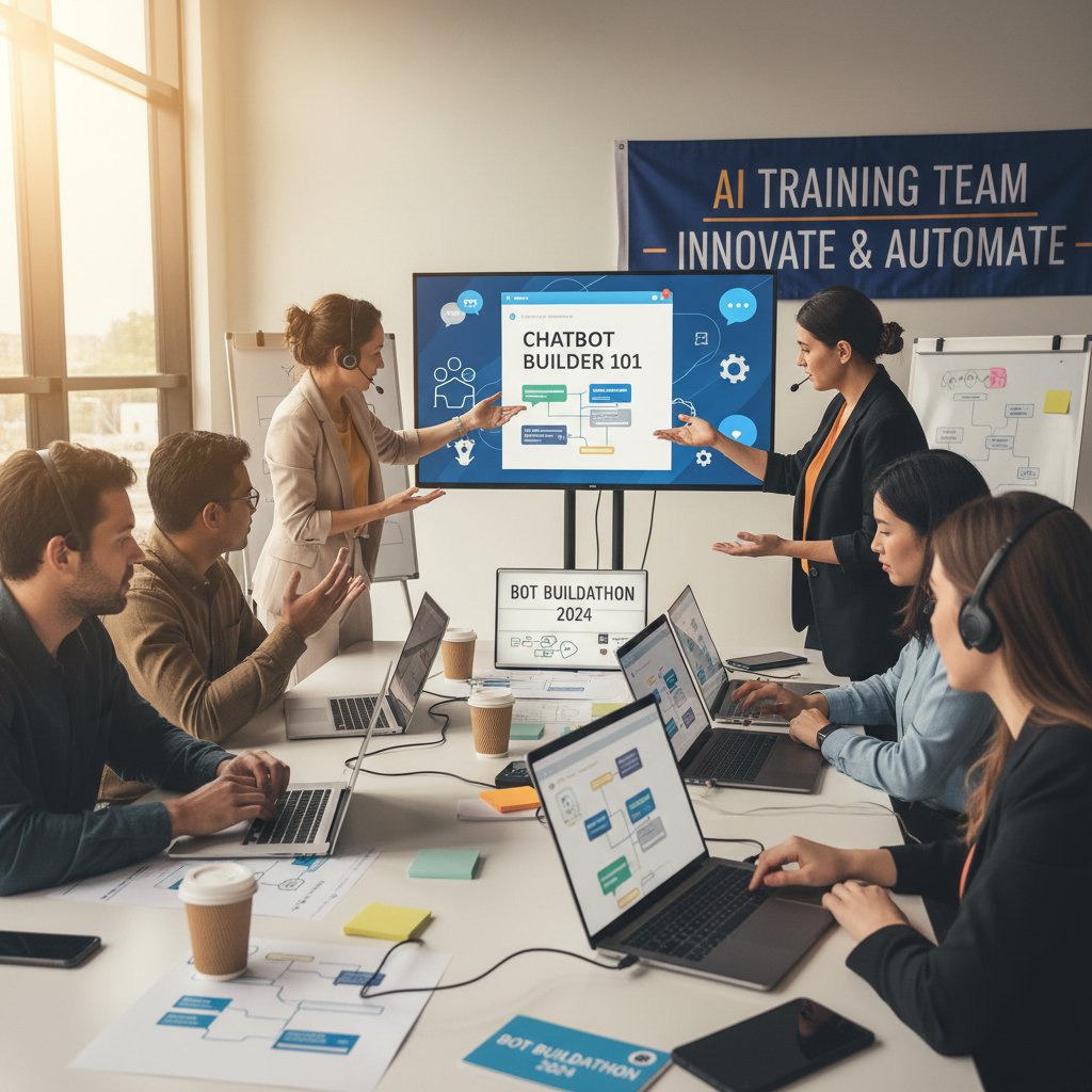 Zespół szkoleniowy podczas warsztatów z obsługi generatora chatbotów