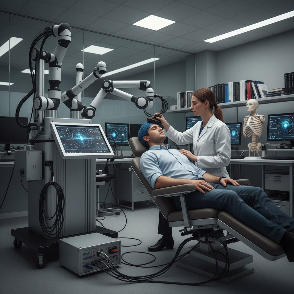 Nowoczesna terapia przezczaszkową stymulacją magnetyczną, laboratorium, lekarz oraz zaawansowana aparatura