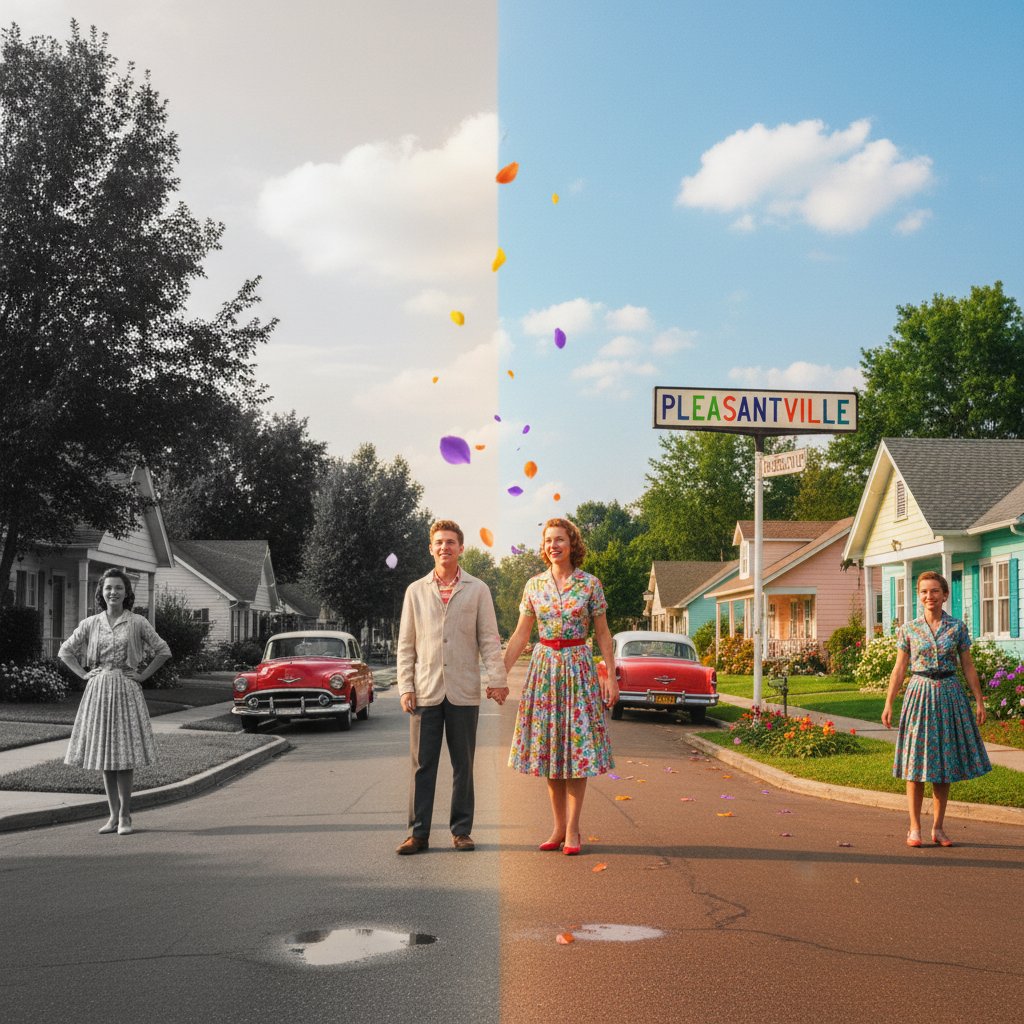 Transition scene from Pleasantville showing transformation theme