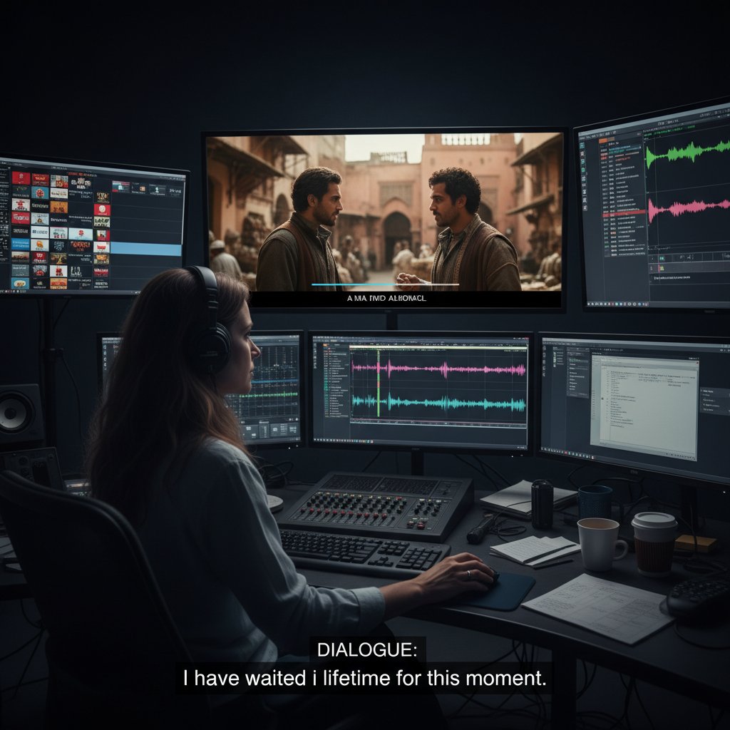 Close-up of a translator editing subtitles on a screen, subtitle translation ethics, international movies