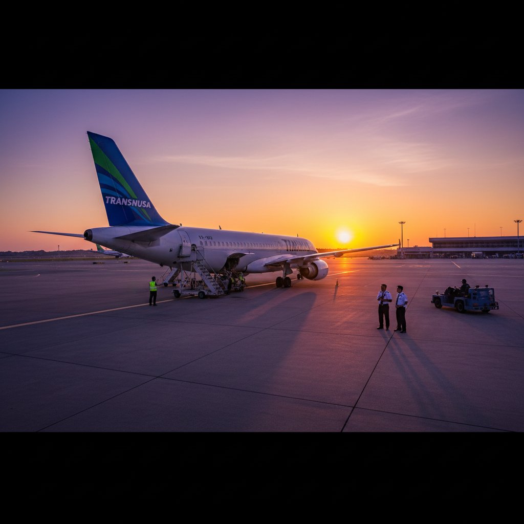 TransNusa jet at sunrise with crew prepping for flight at a quiet airport