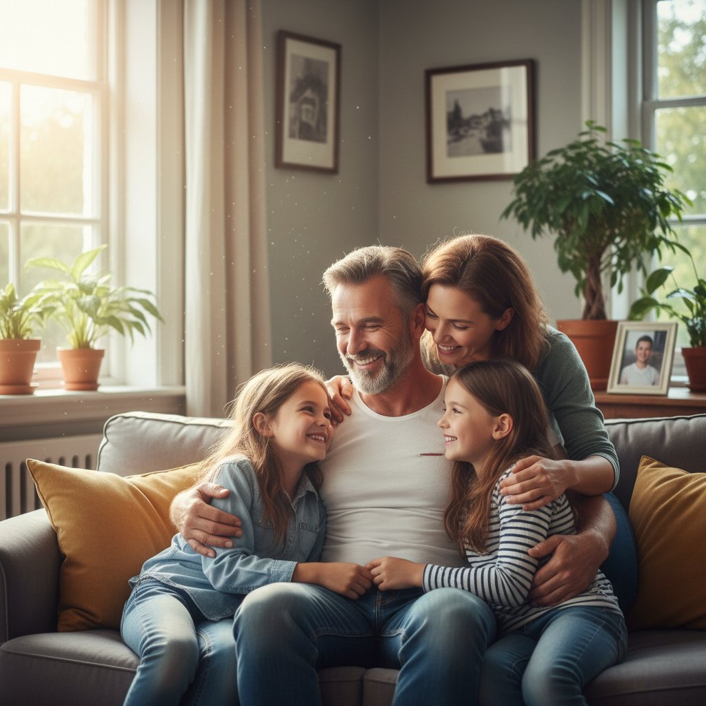 Portret biorcy przeszczepu z rodziną w domowym otoczeniu, naturalne światło, ciepłe barwy
