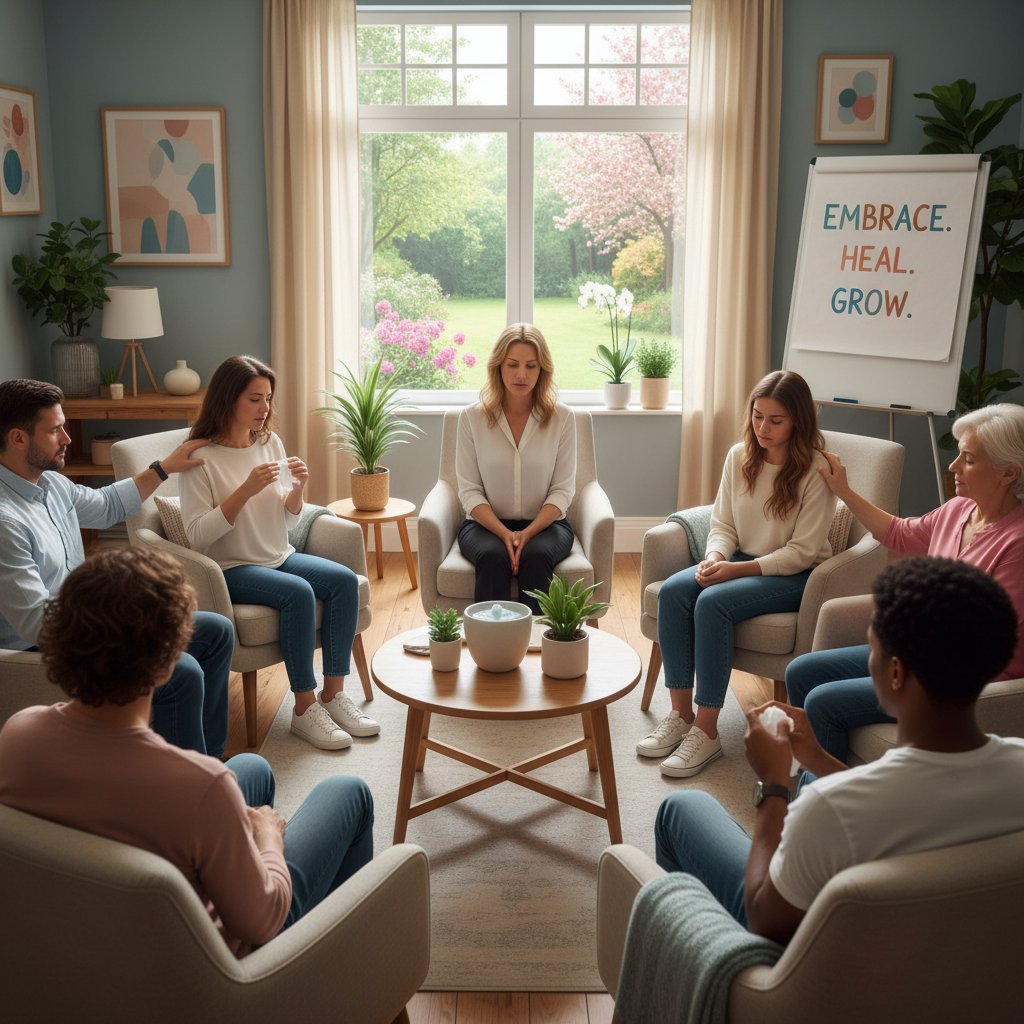 Osoba podczas intensywnej sesji psychodramy, wyrażająca silne emocje, wspierająca grupa w tle