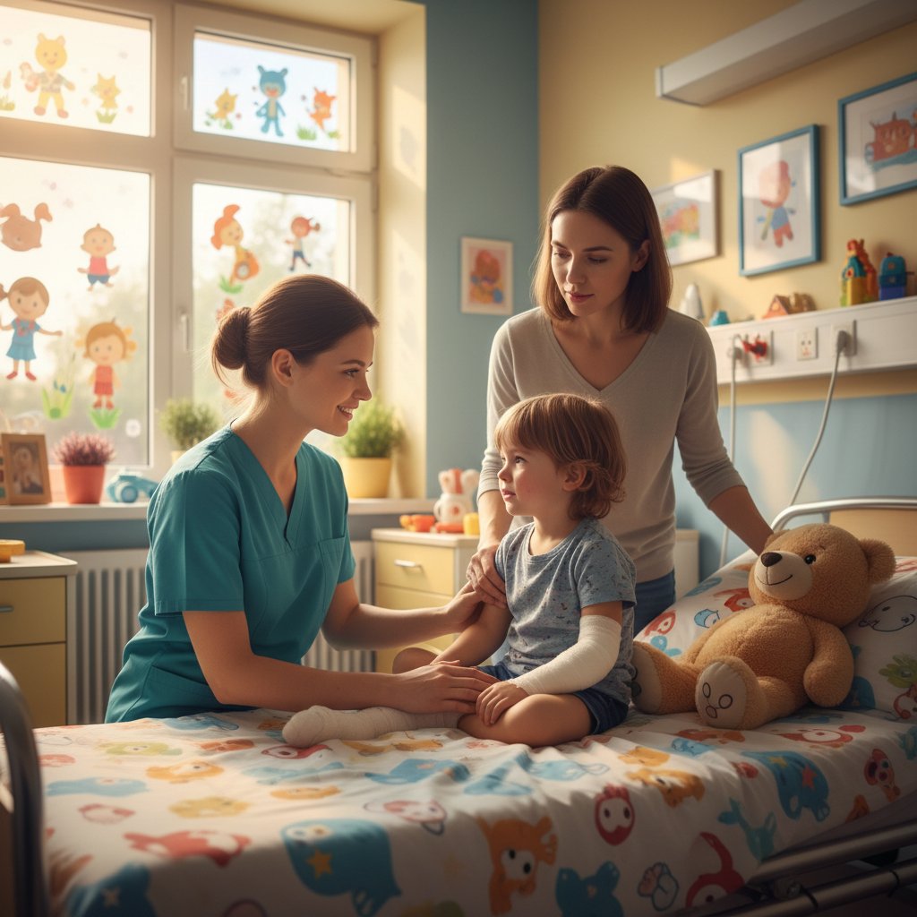 Traumatolog zapewnia wsparcie dziecku i rodzicowi na oddziale pediatrycznym, ciepła atmosfera