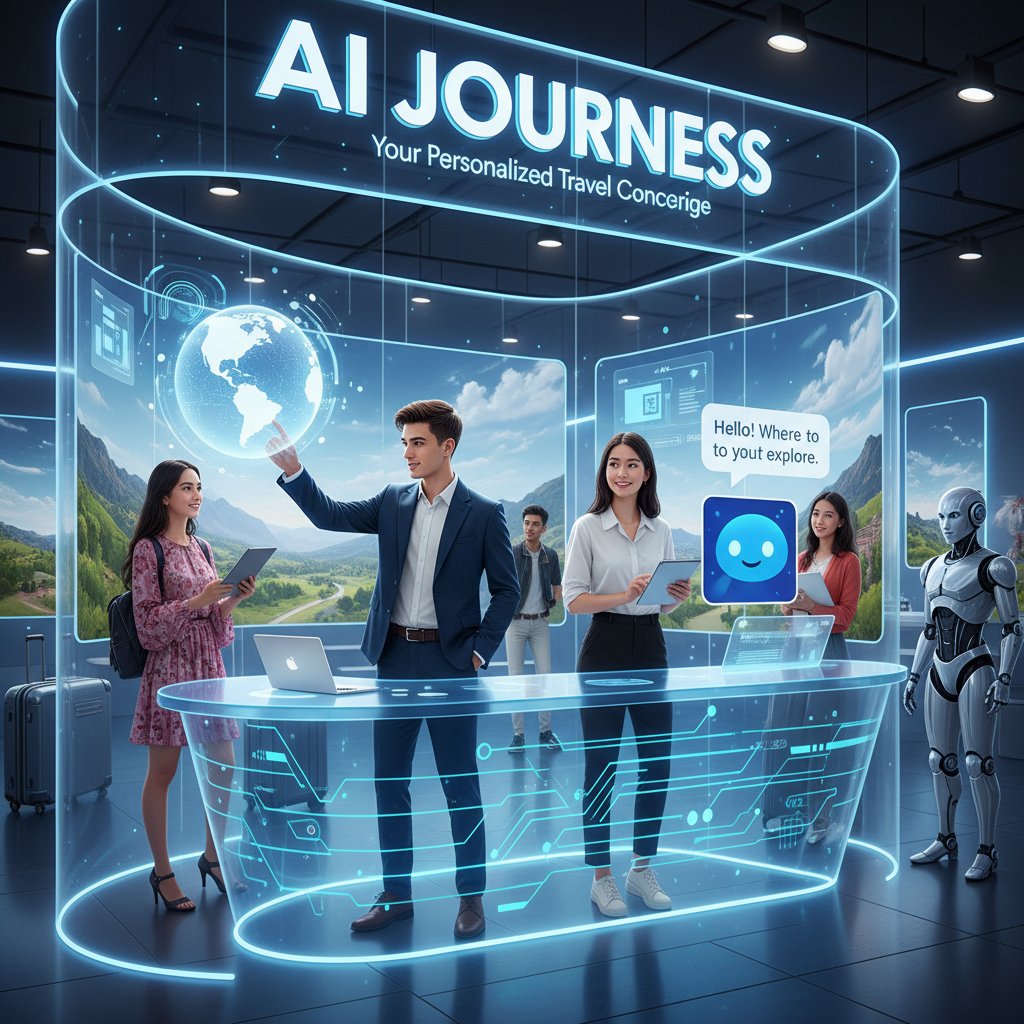 Biuro podróży z nowoczesnymi technologiami AI oraz młodymi klientami korzystającymi z chatbotów