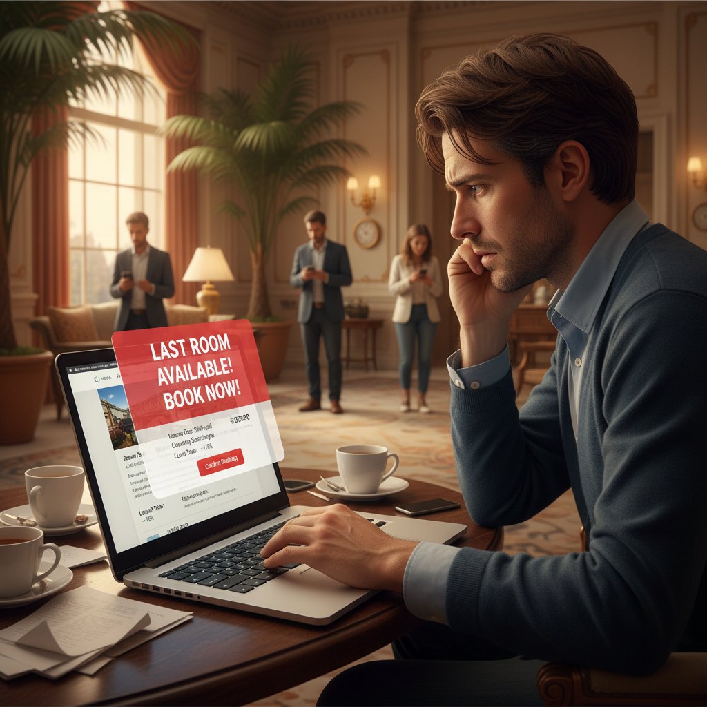 Podróżnik analizujący ukryte koszty i komunikaty „ostatnia szansa” na ekranie laptopa w hotelowym lobby