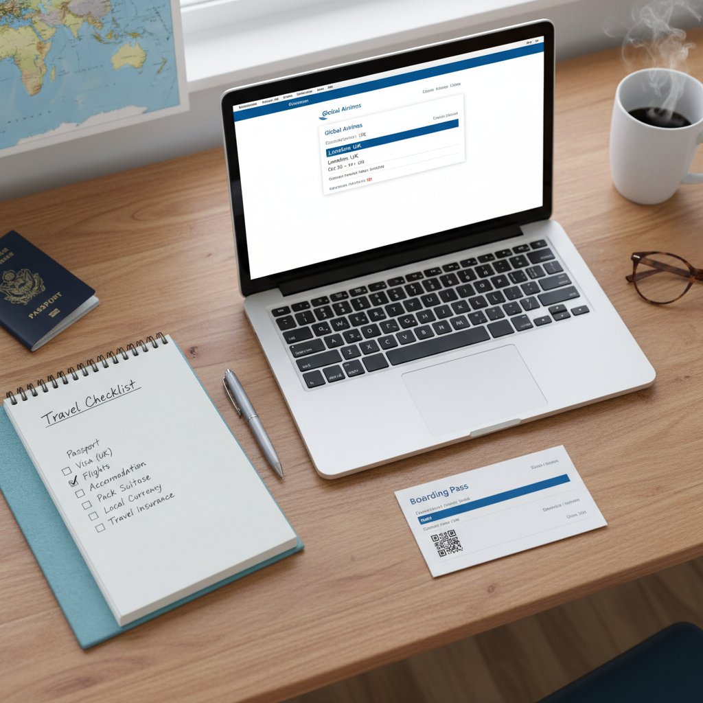 Podróżnicza checklista zakupów biletów lotniczych na biurku z notesem i laptopem