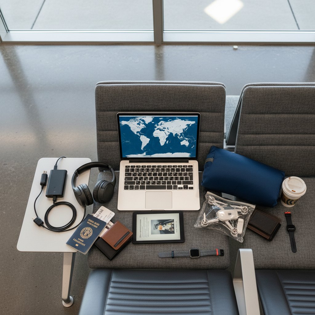 Gadżety podróżnicze na lotnisku – flat lay: powerbank, adapter, poduszka, słuchawki na fotelu przy bramce