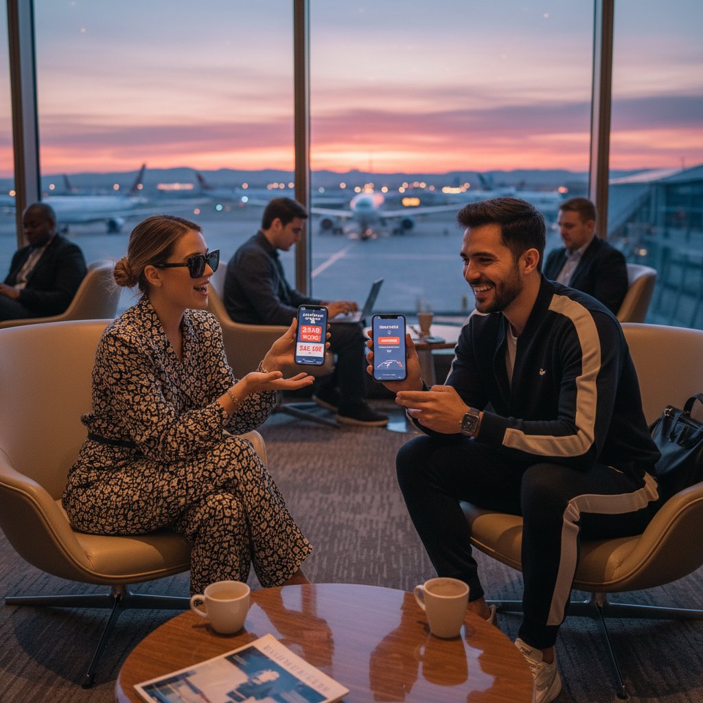 Travel influencers sharing viral flight deals on smartphones in a busy airport lounge