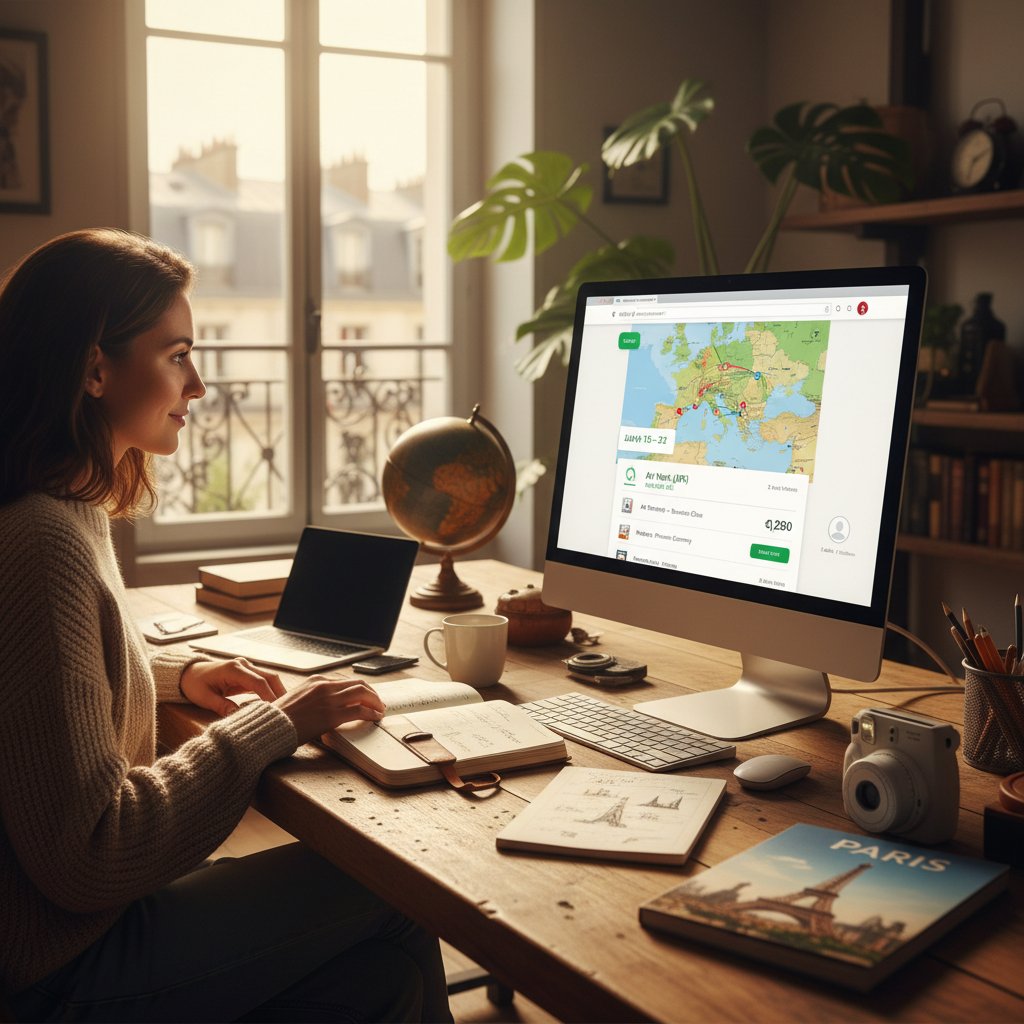 Person using booking sites for travel research, not purchasing