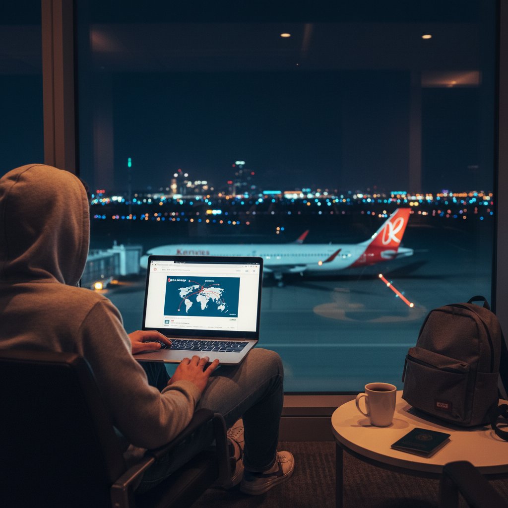 Traveler using AI flight search platform on laptop at night, futuristic glowing interface, Kenya Airways flights visible