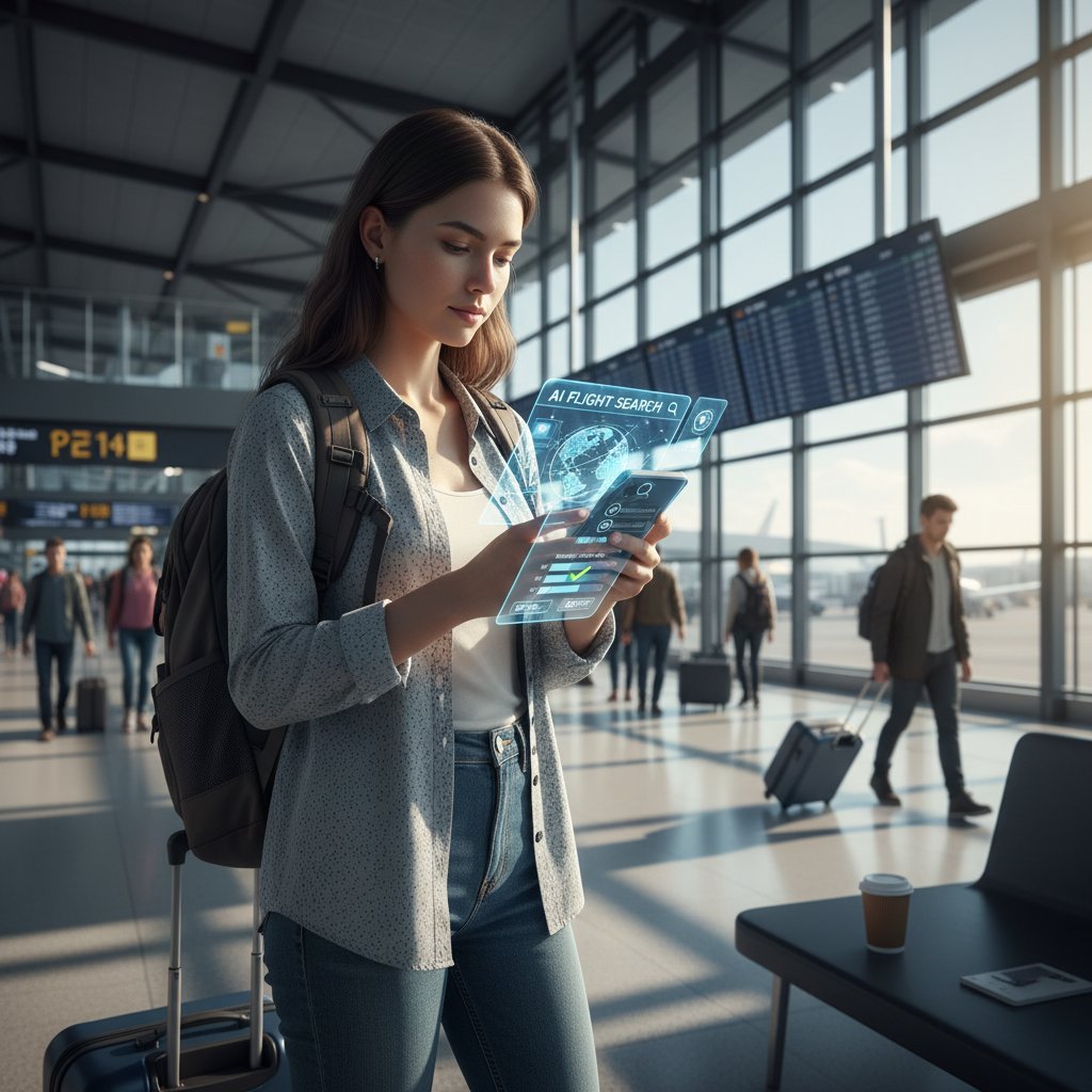 Traveler using AI-powered flight search engine on smartphone at an airport