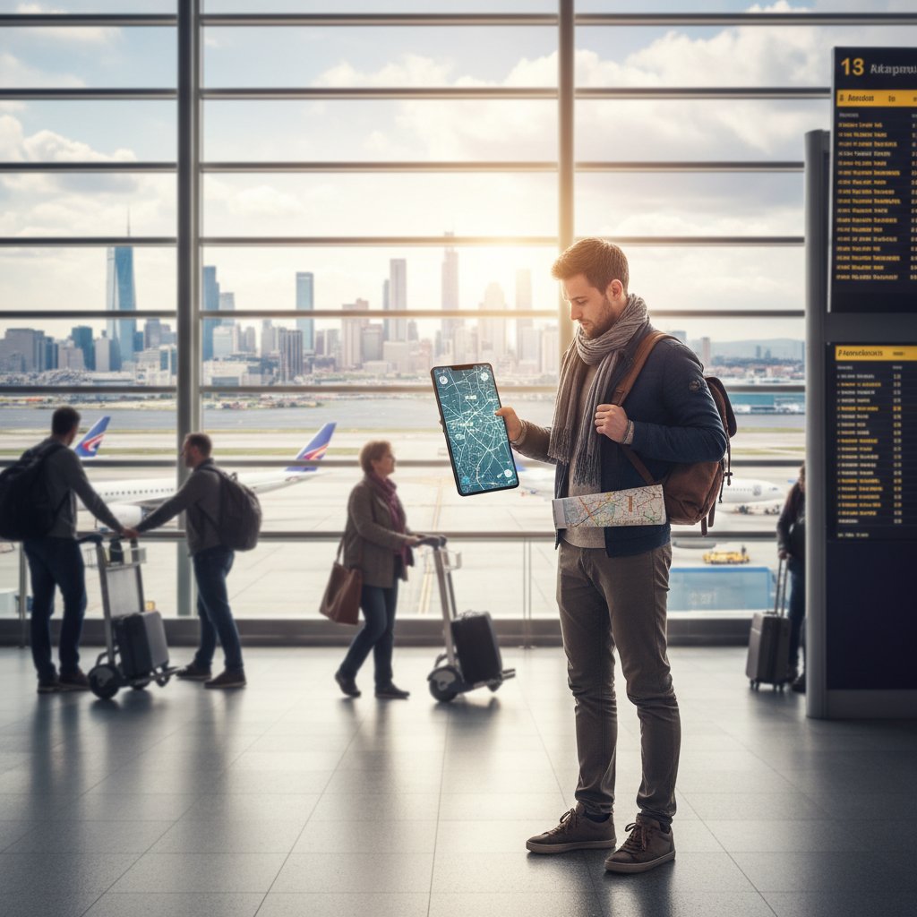 Podróżnik analizujący mapę miasta na lotnisku, smartfon i walizka, dynamiczna atmosfera