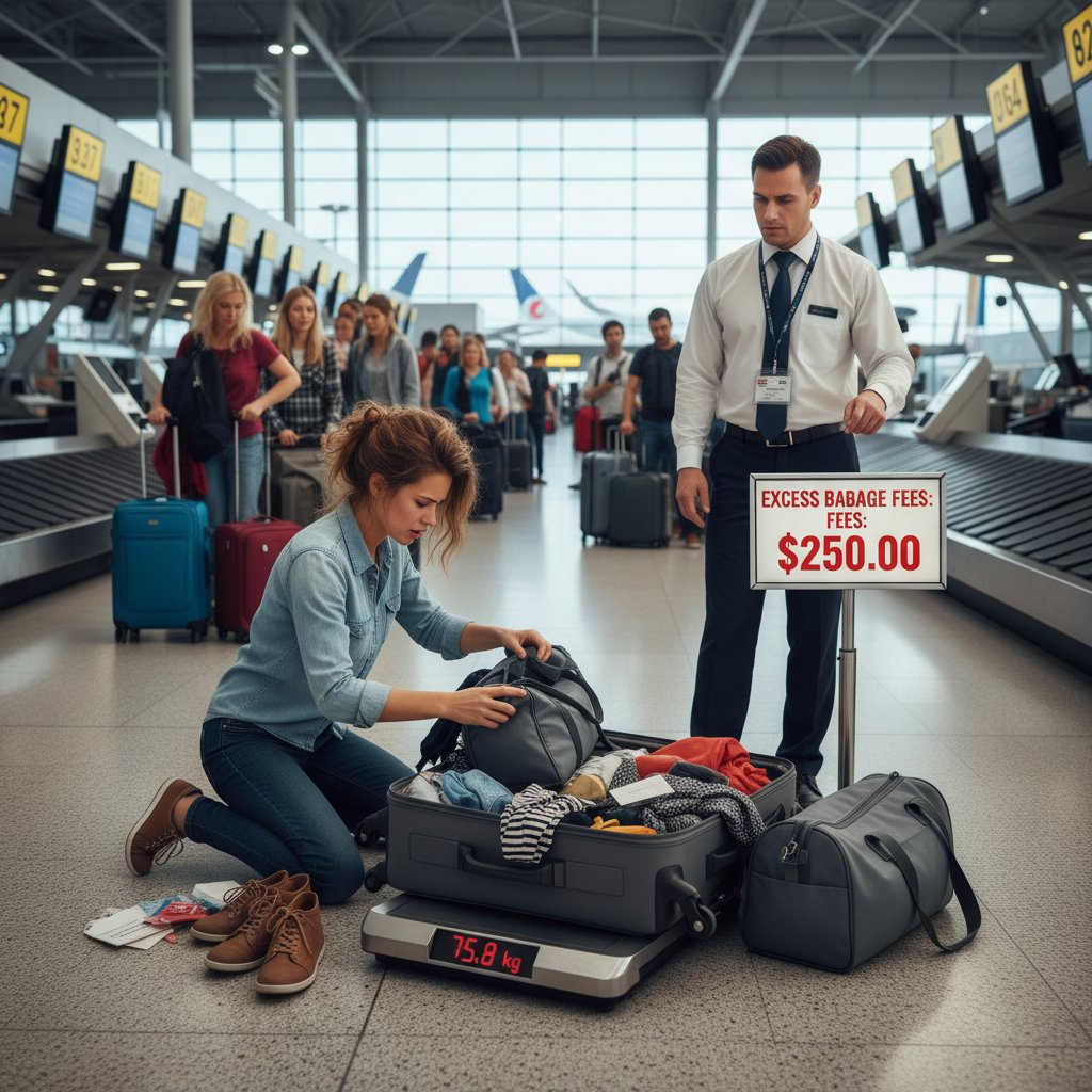 Traveler struggling to avoid excess baggage fees at the airport, frantically repacking at check-in counter