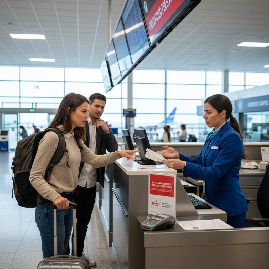 Podróżny przy kasie lotniska dowiaduje się o nieprzewidzianych opłatach