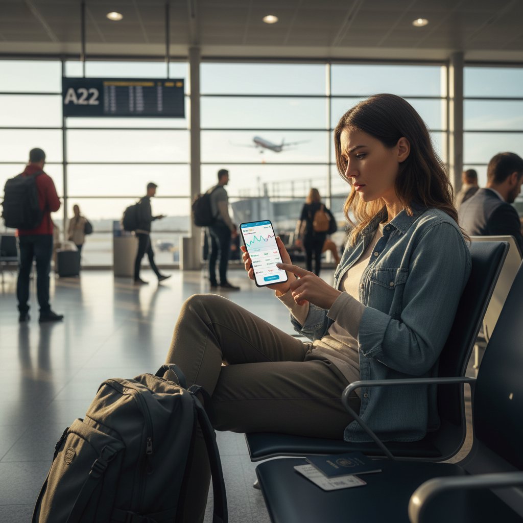 Confident traveler at airport gate using fare prediction app to compare flight prices, natural light, hopeful mood