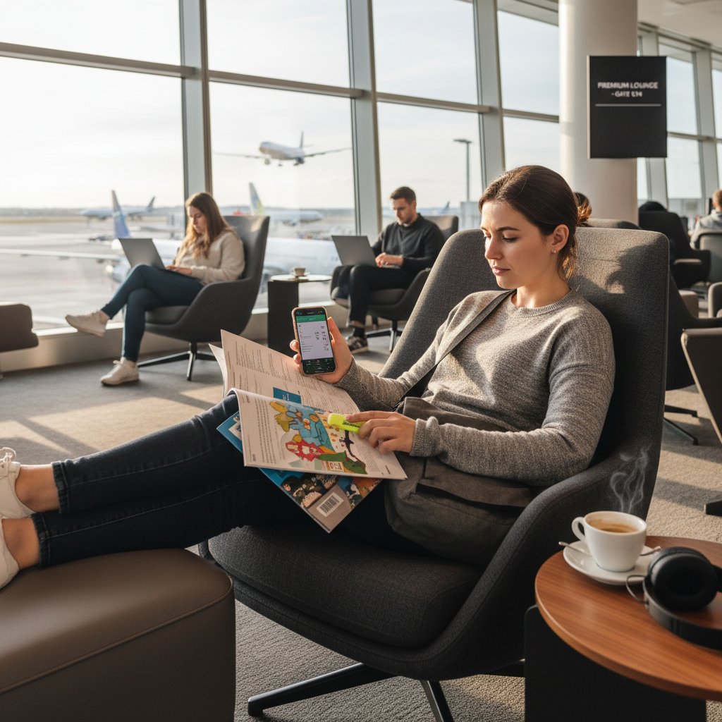 Traveler relaxing in airport lounge during long layover, reading travel guide