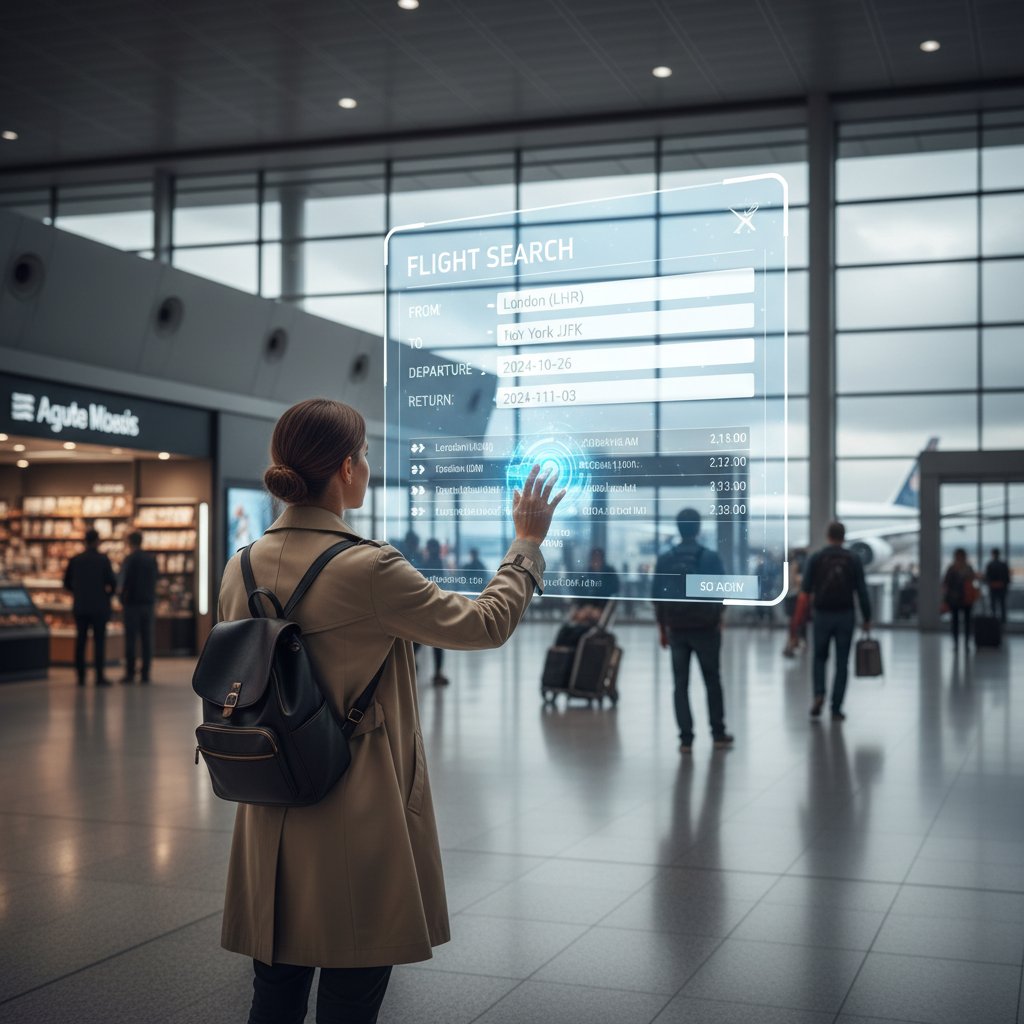 Traveler facing digital flight board with AI overlays, symbolizing algorithmic overload in flight search
