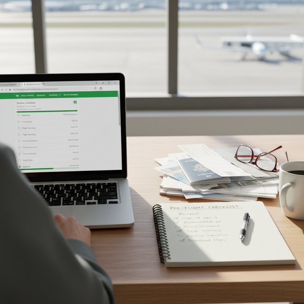 Podróżny odhaczający checklistę przed rezerwacją biletu, laptop i dokumenty