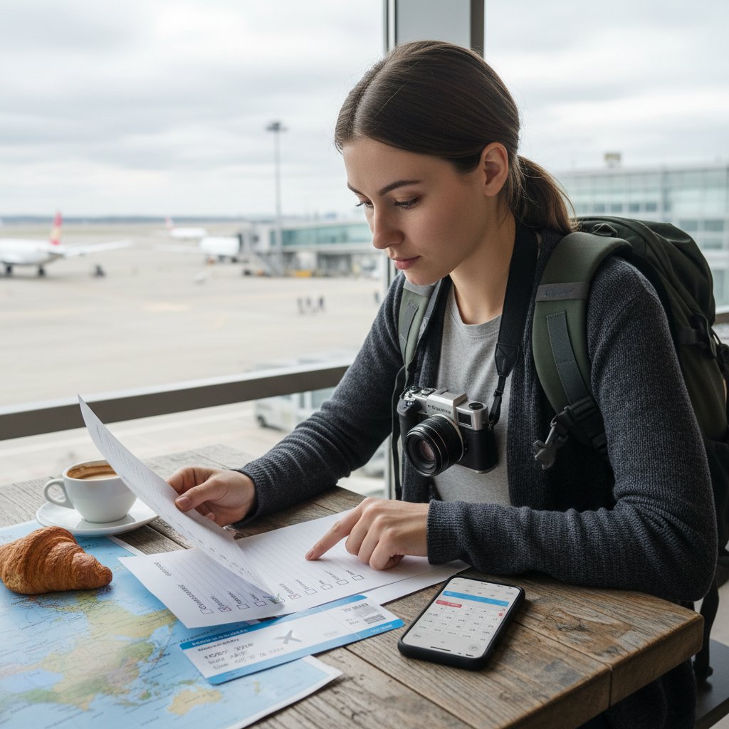 Podróżnik z checklistą przed zakupem biletu lotniczego, planowanie podróży