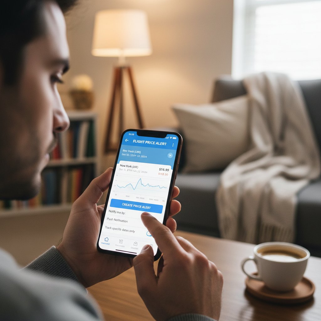 Traveler using a flight price alert app in a cozy home, focused setup, mobile interface, high-contrast, 16:9