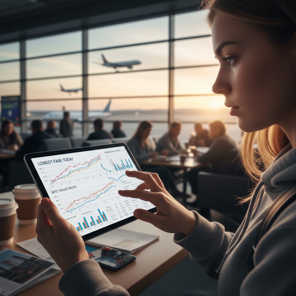 Podróżny analizujący wykresy cen lotów na tablecie podczas wyboru biletów