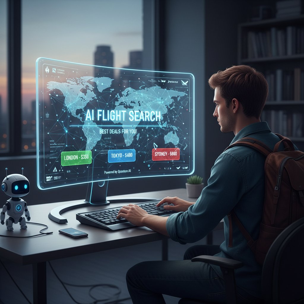 Podróżnik przy komputerze korzysta z wyszukiwarki lotów AI, przeglądanie najlepszych ofert