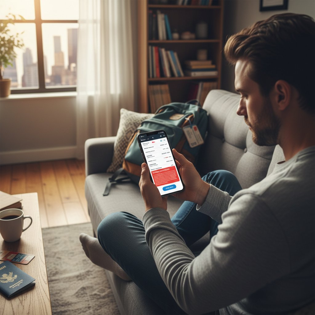 Traveler with smartphone, comparing flight prices and reading fine print at home