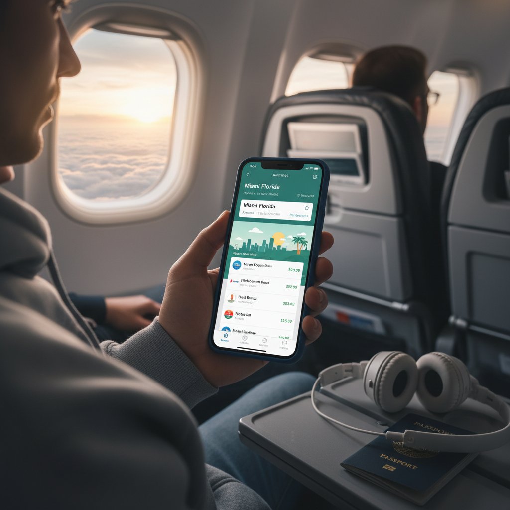 Traveler searching flights from Miami on mobile app—over-the-shoulder photo