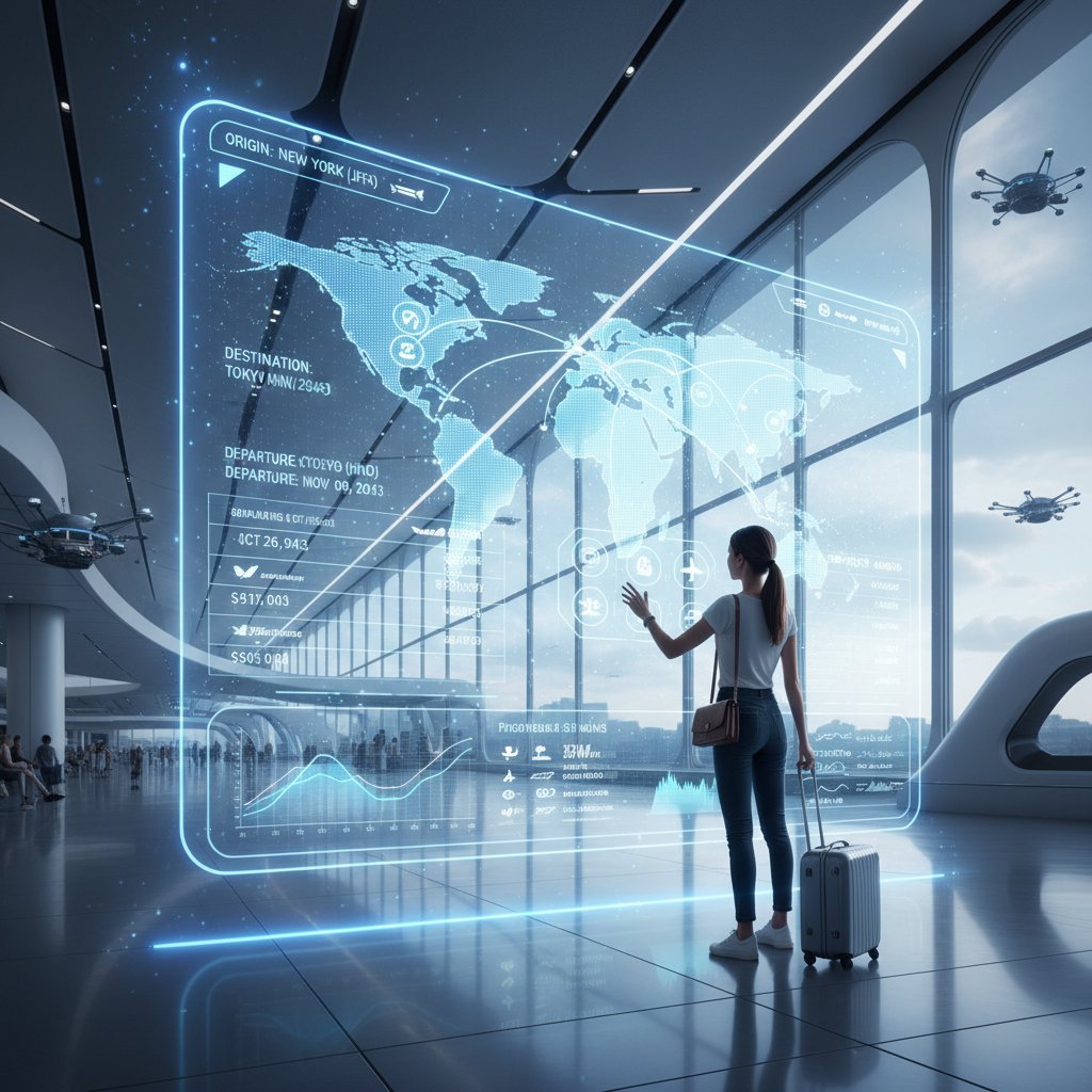Traveler interacting with a holographic flight search interface. Alt: Person using a holographic flight search system, representing the AI-powered future of flight aggregators.