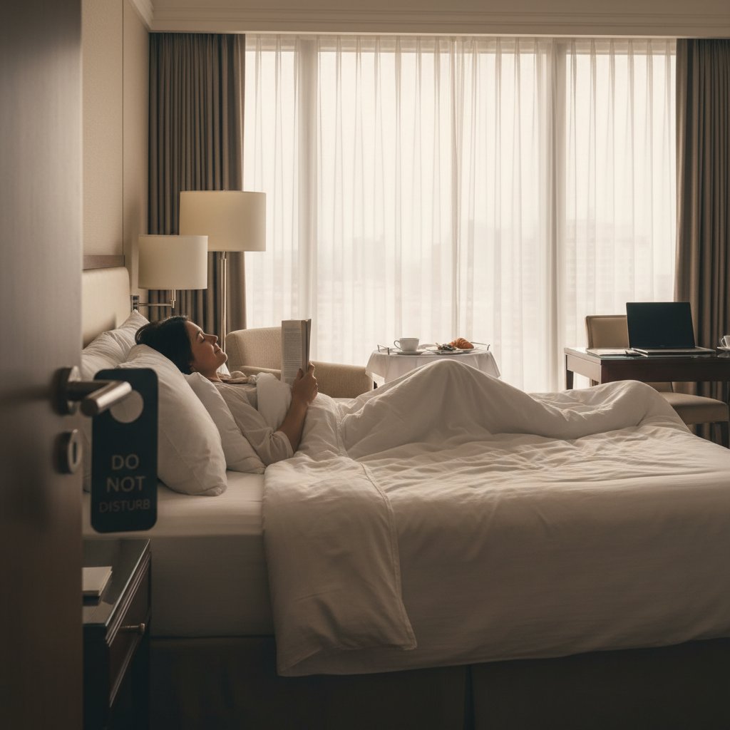 Zadowolony podróżny odpoczywający w designerskim pokoju hotelowym na godziny