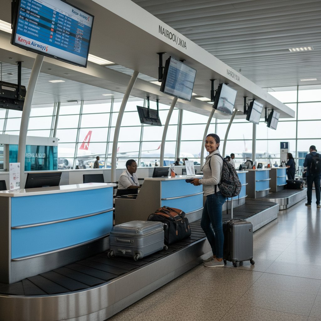 Traveler with suitcase at Kenya Airways check-in counter, JKIA, baggage rules signage visible, airline staff assisting