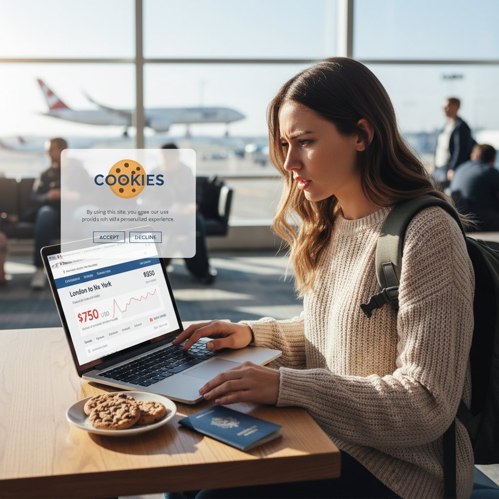 Podróżnik korzysta z laptopa, na ekranie widać powiadomienie o cookies i zmieniające się ceny lotów