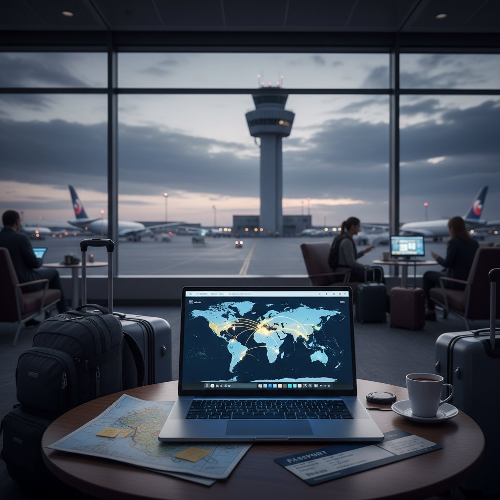 Podróżnik analizuje trzy warianty podróży na mapie i laptopie, lotnisko w tle