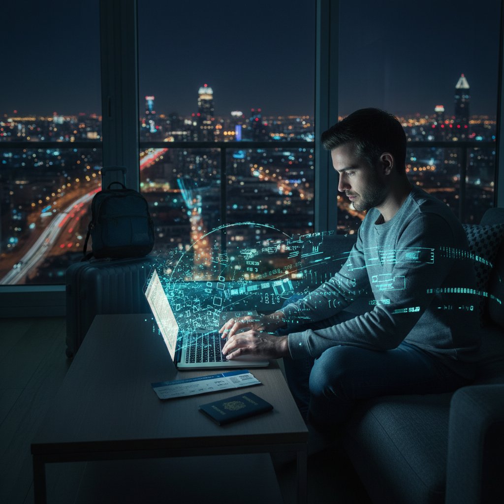Podróżny rezerwuje bilety lotnicze nocą, otoczony laptopem, biletami i cyfrowymi danymi