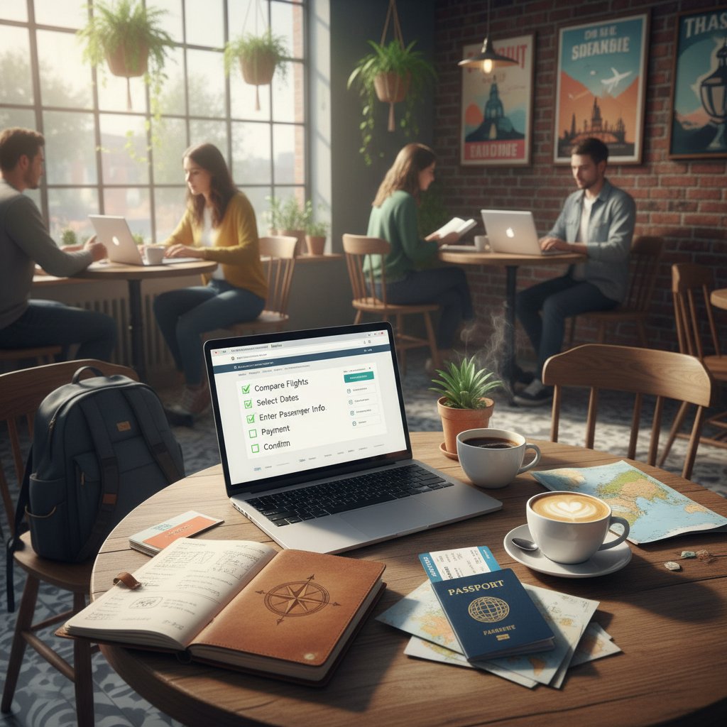Podróżnik z notatnikiem i laptopem sporządza checklistę rezerwacji biletów lotniczych w kawiarni