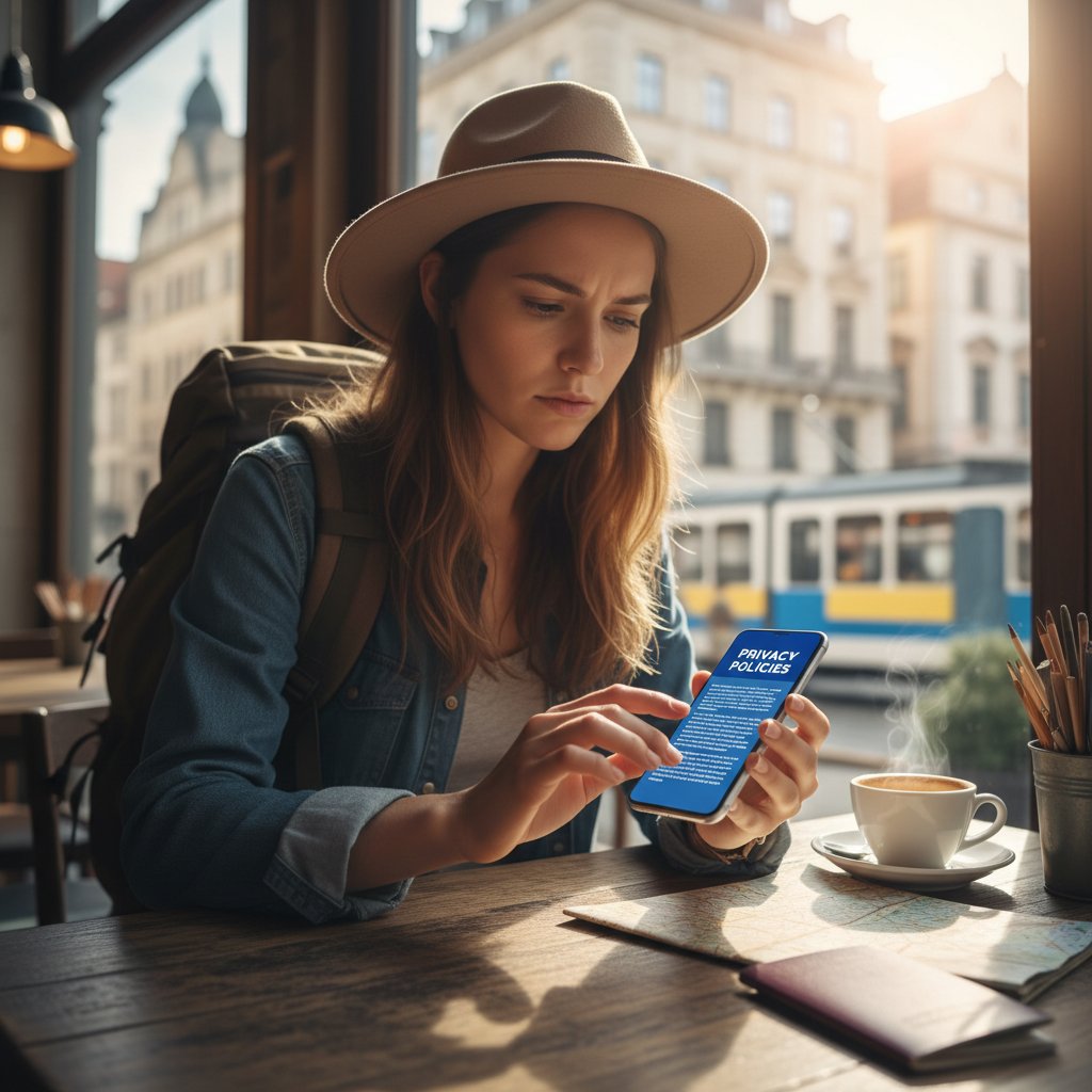 Traveler evaluating privacy policies of an AI-powered airfare platform, user reviewing terms on mobile device