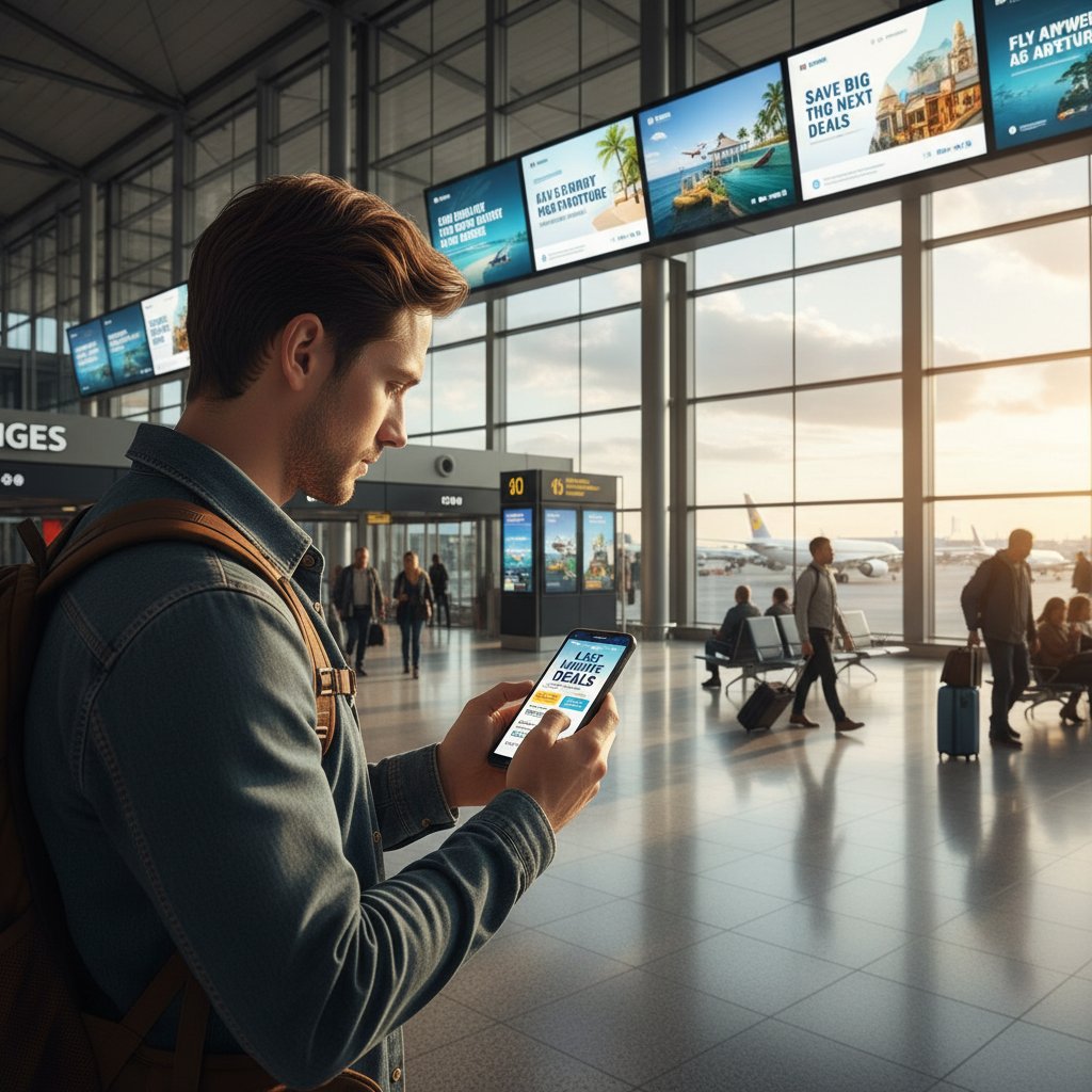 Podróżnik analizuje promocje na ekranie smartfona, w tle lotnisko i banery reklamowe