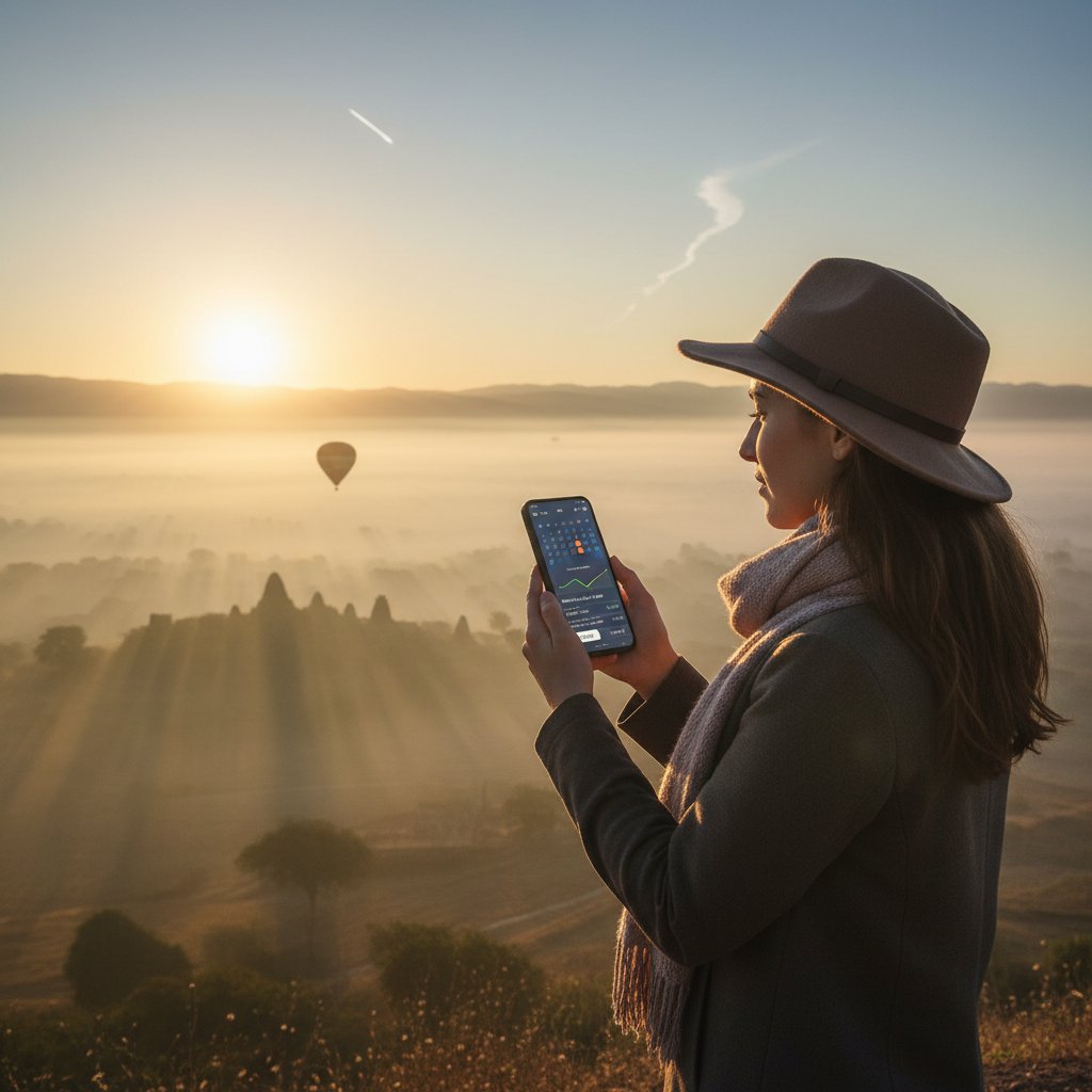 Traveler checking flight deals on a smartphone at sunrise, symbolizing optimal booking timing for round trip airfare deals