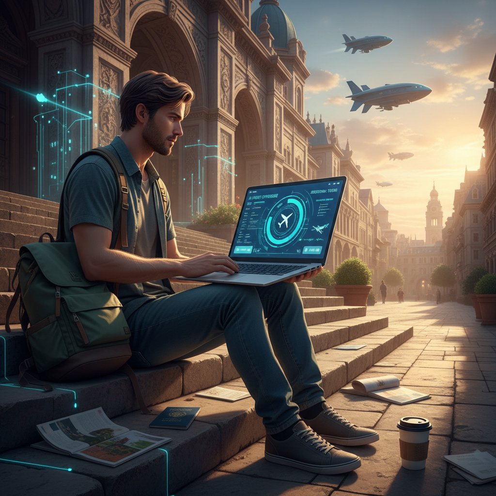 Traveler follows step-by-step process on laptop, surrounded by travel notes and AI icons