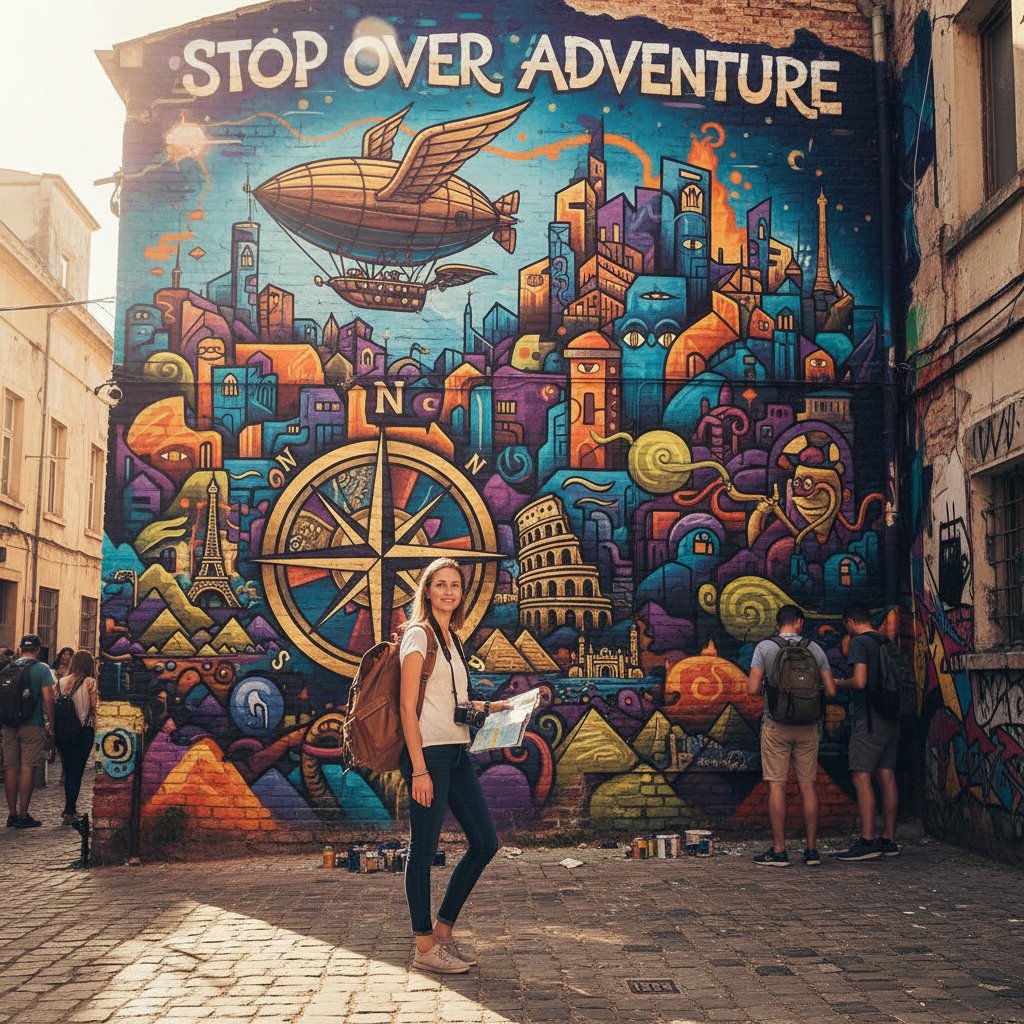 Podróżnik na tle miejskiego street artu, słowa kluczowe: stopover, przygoda, miejska eksploracja
