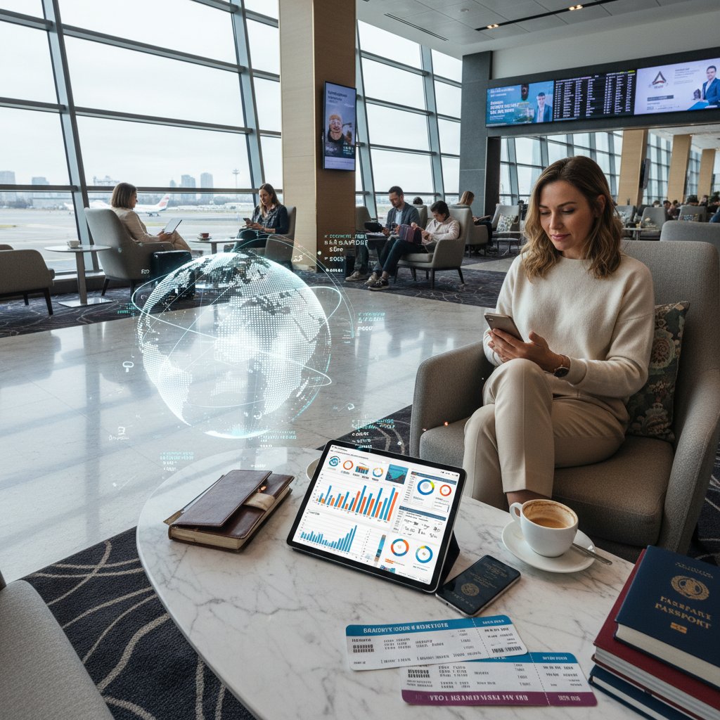 Editorial photo of traveler balancing tech devices and paper tickets, airport lounge, slightly chaotic, flight booking analytics