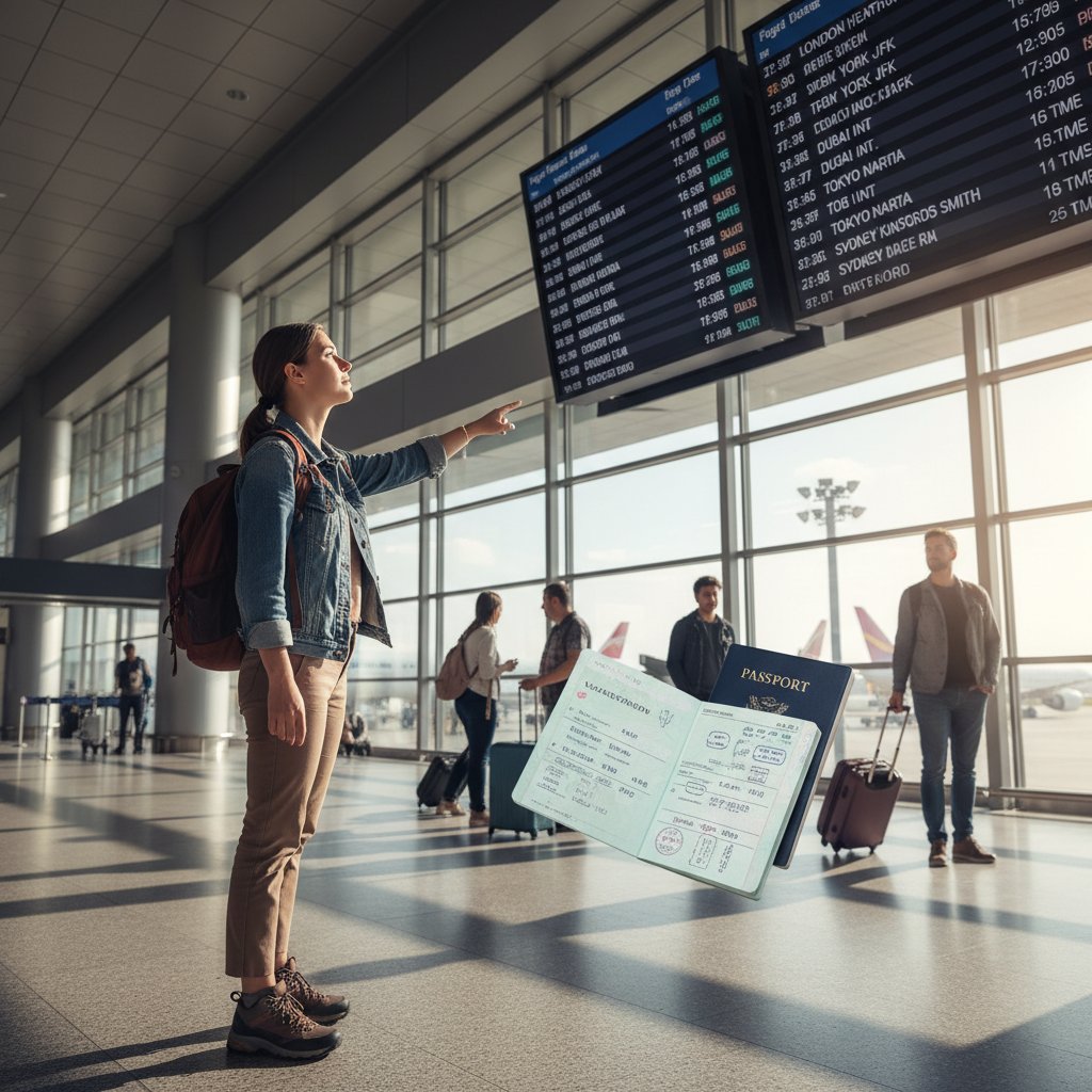 Podróżnik na lotnisku, trzymający książeczkę szczepień, tablica odlotów w tle