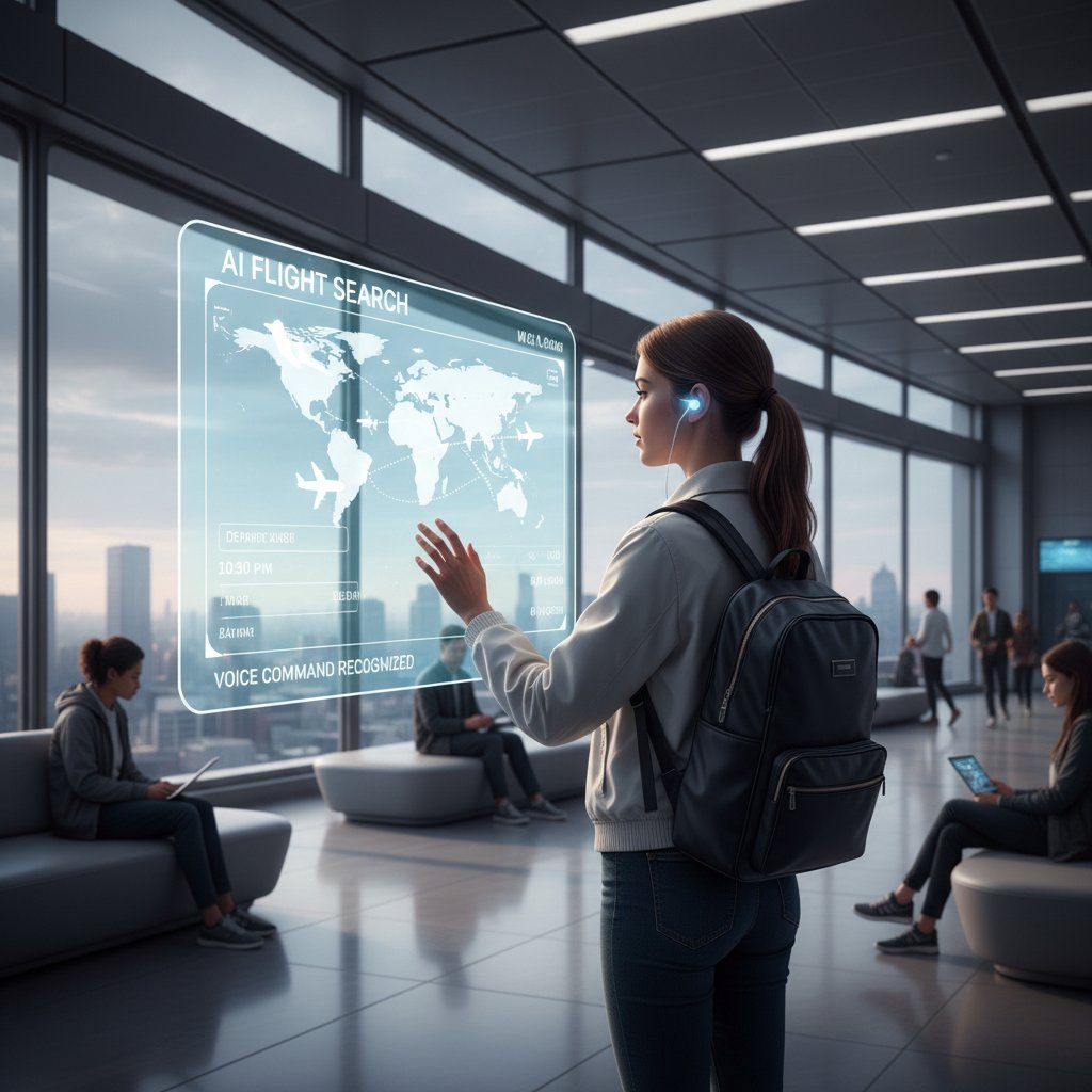 Traveler using voice assistant to search for AI-powered flights on futuristic display
